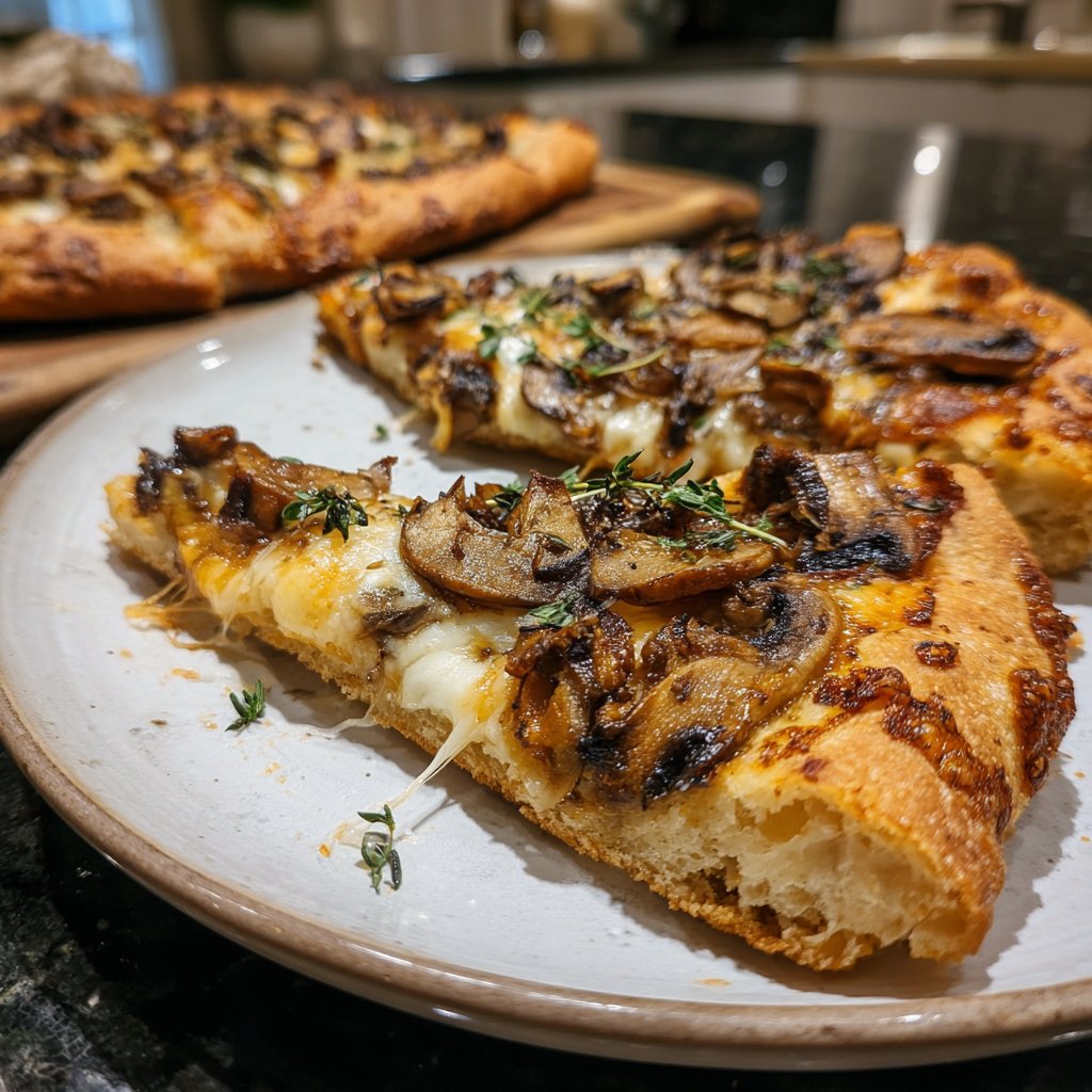 Pizza mit Pilzen und Thymian